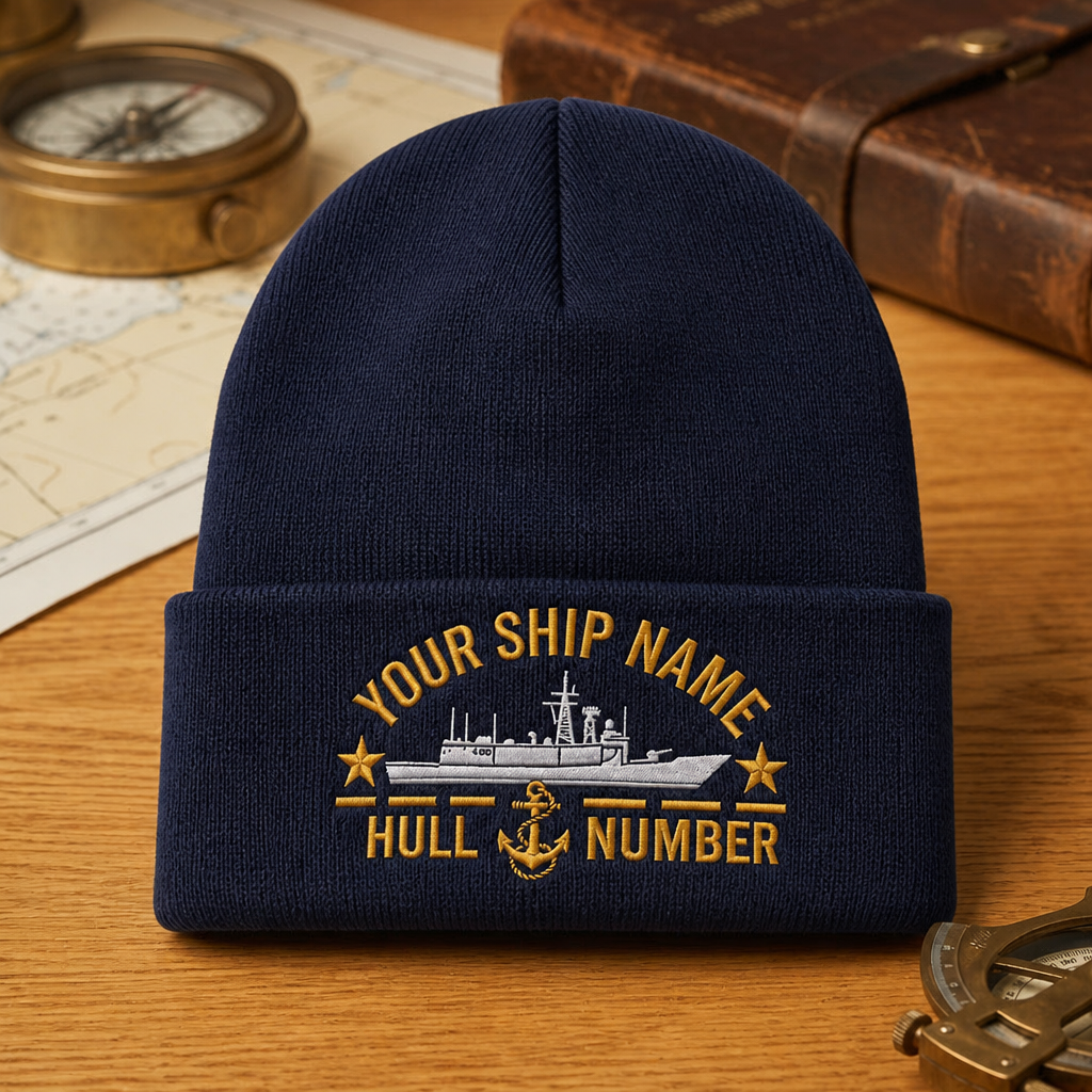 Personalized Navy Ship Name Hull Number Custom Name American Flag Embroidered Beanie