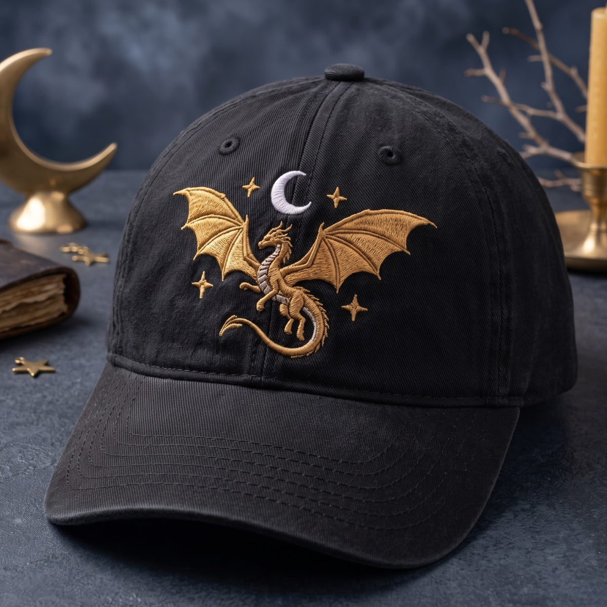 Flying Dragon Crescent Moon Stars Fantasy Embroidered Hat — Baseball Cap