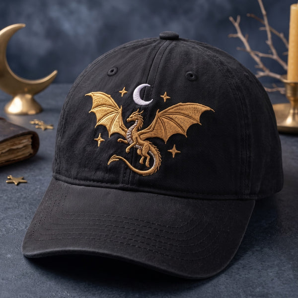 Flying Dragon Crescent Moon Stars Fantasy Embroidered Hat — Baseball Cap