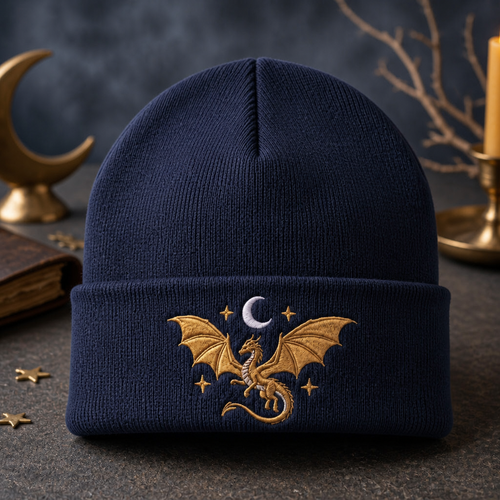 Flying Dragon Crescent Moon Stars Fantasy Embroidered Beanie