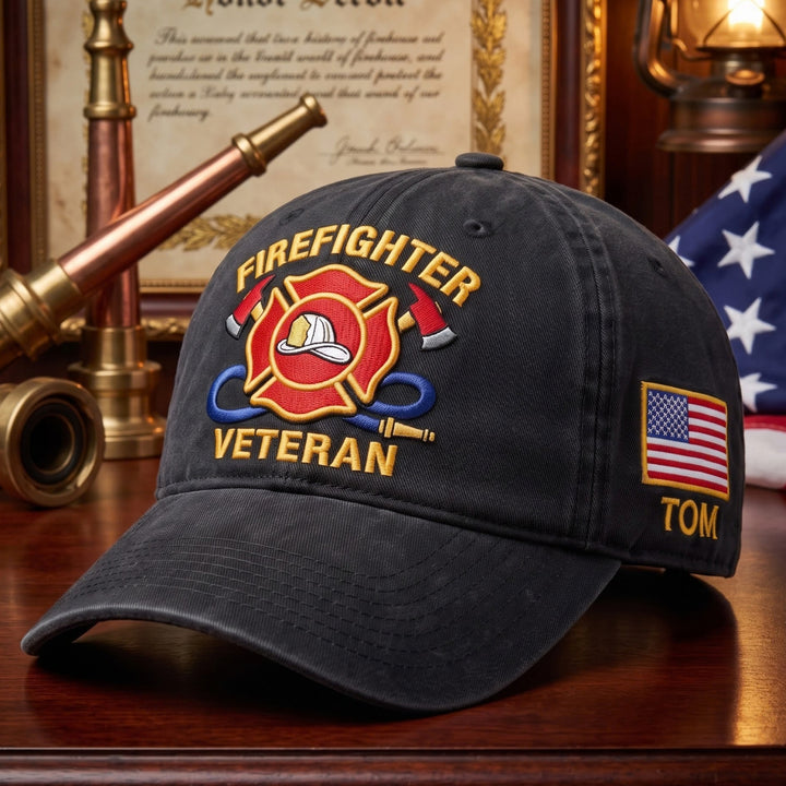 Personalized Firefighter Veteran Maltese Cross Axes Hose American Flag Embroidered Hat — Washed Hat
