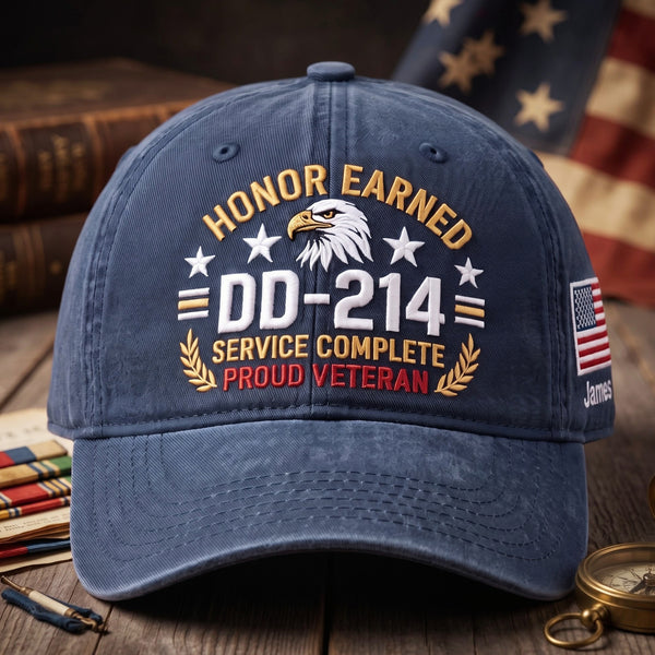Personalized DD-214 Honor Earned Proud Veteran Bald Eagle Stars Embroidered Hat — Washed Hat
