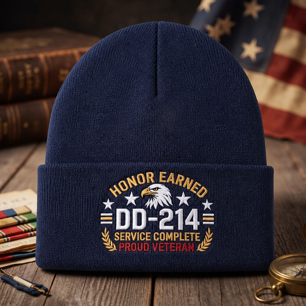 Personalized DD-214 Honor Earned Proud Veteran Bald Eagle Stars Embroidered Beanie