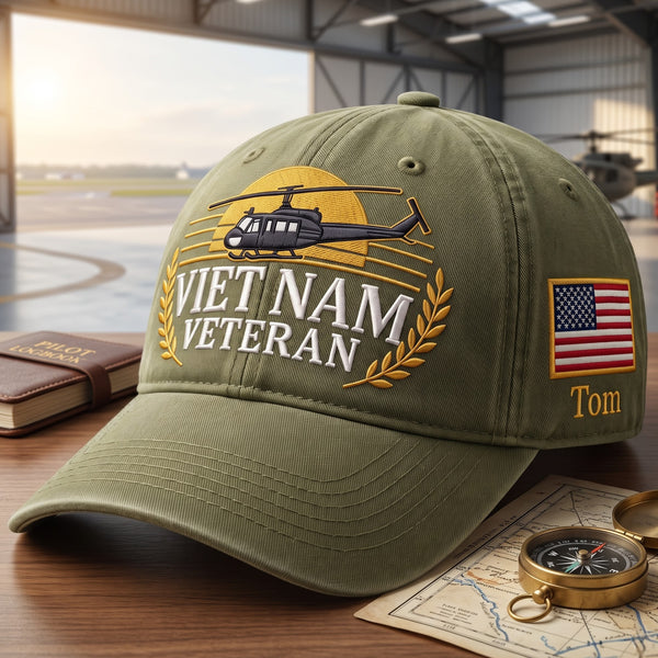 Personalized Vietnam Veteran Helicopter Sunset Laurel American Flag Embroidered Hat — Baseball Cap