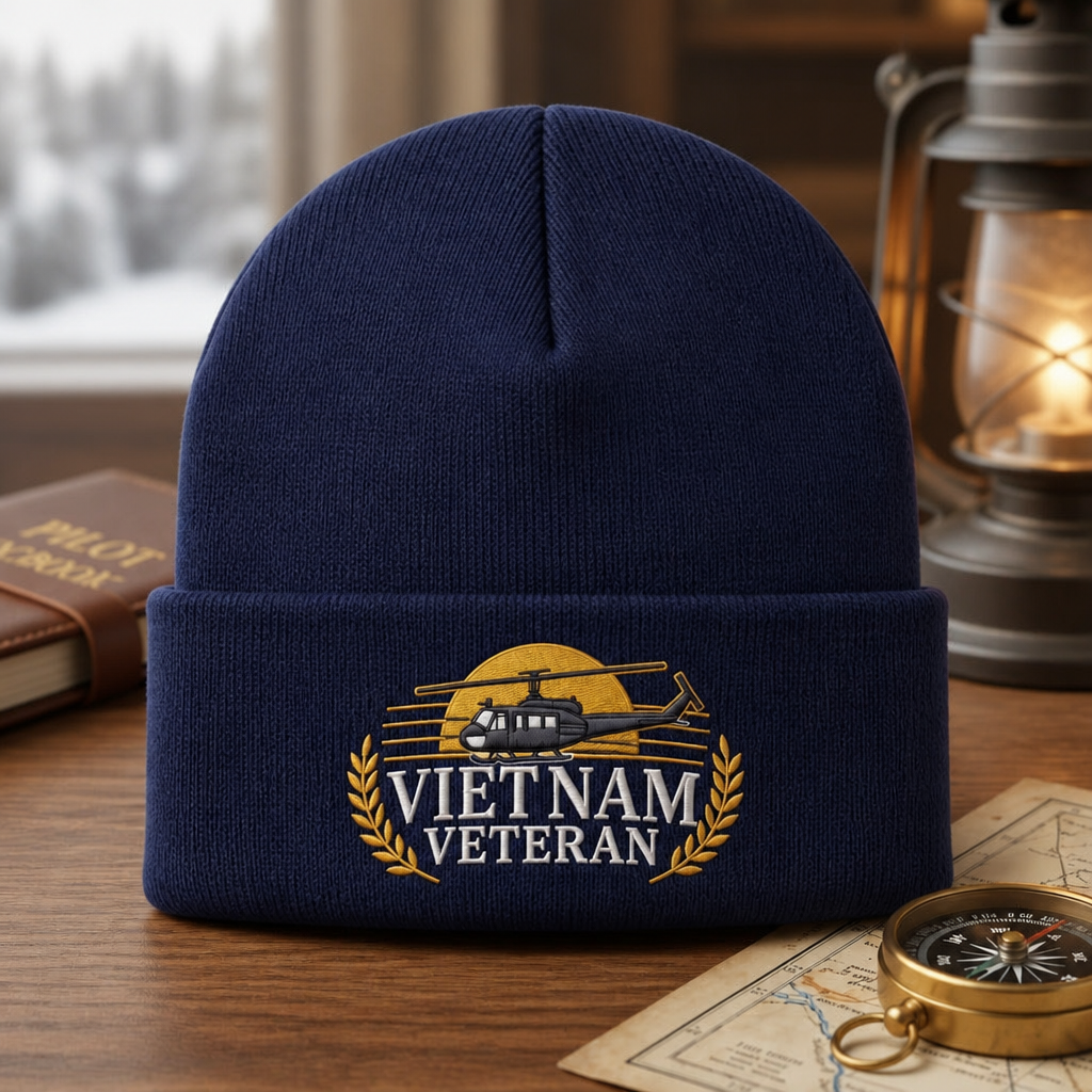Personalized Vietnam Veteran Helicopter Sunset Laurel American Flag Embroidered Beanie