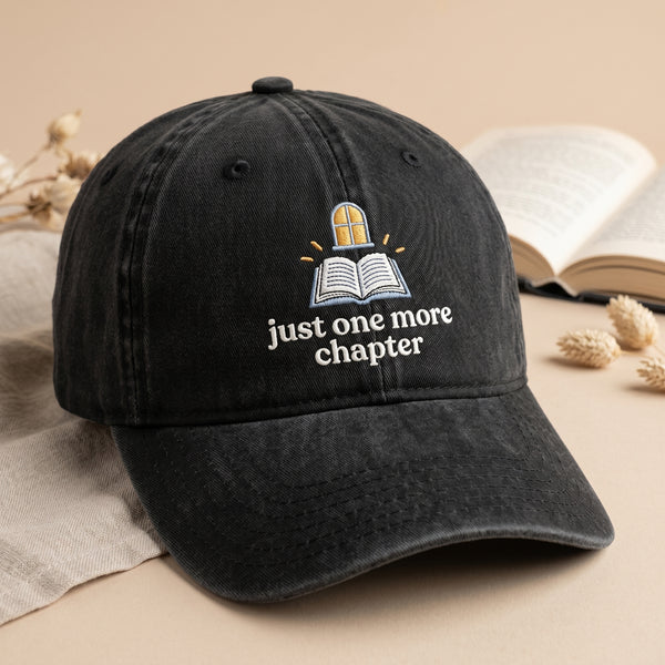 Just One More Chapter Book Lover Reading Embroidered Hat — Washed Hat