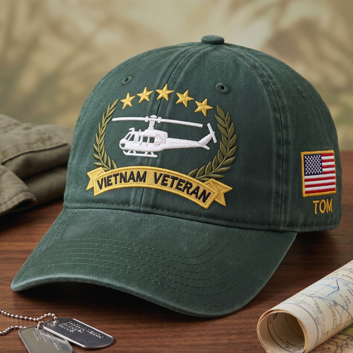 Personalized Vietnam Veteran Helicopter Stars Laurel Wreath American Flag embroidered two-tone hat — front view