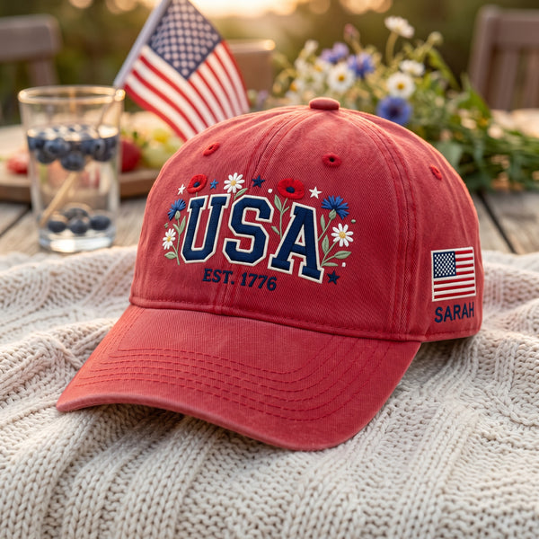 Personalized USA EST Embroidered Hat — Washed Hat