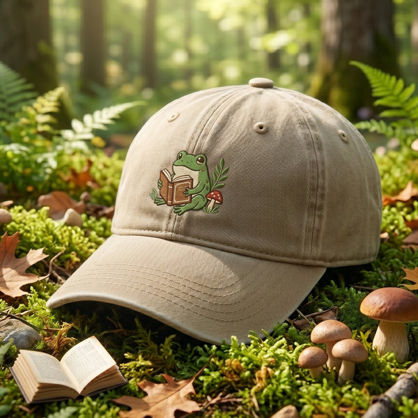 Frog Reading Book Mushroom Cottagecore Embroidered Hat — Washed Hat