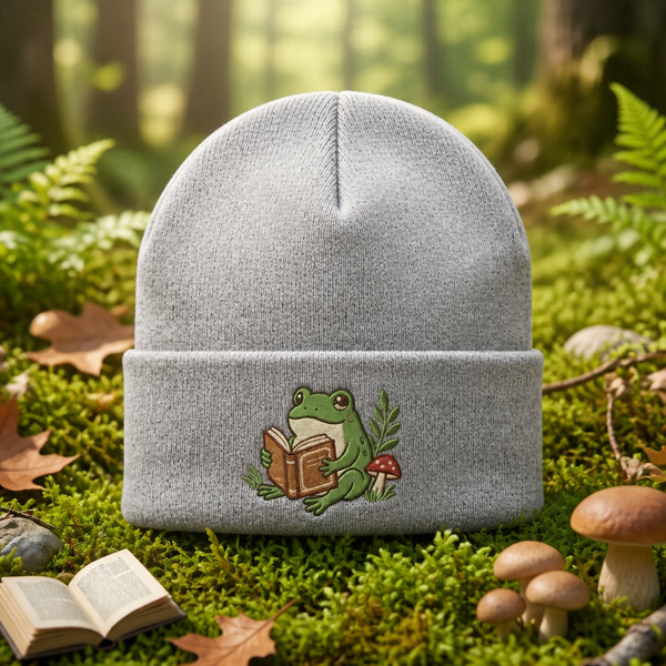 Frog Reading Book Mushroom Cottagecore Embroidered Beanie