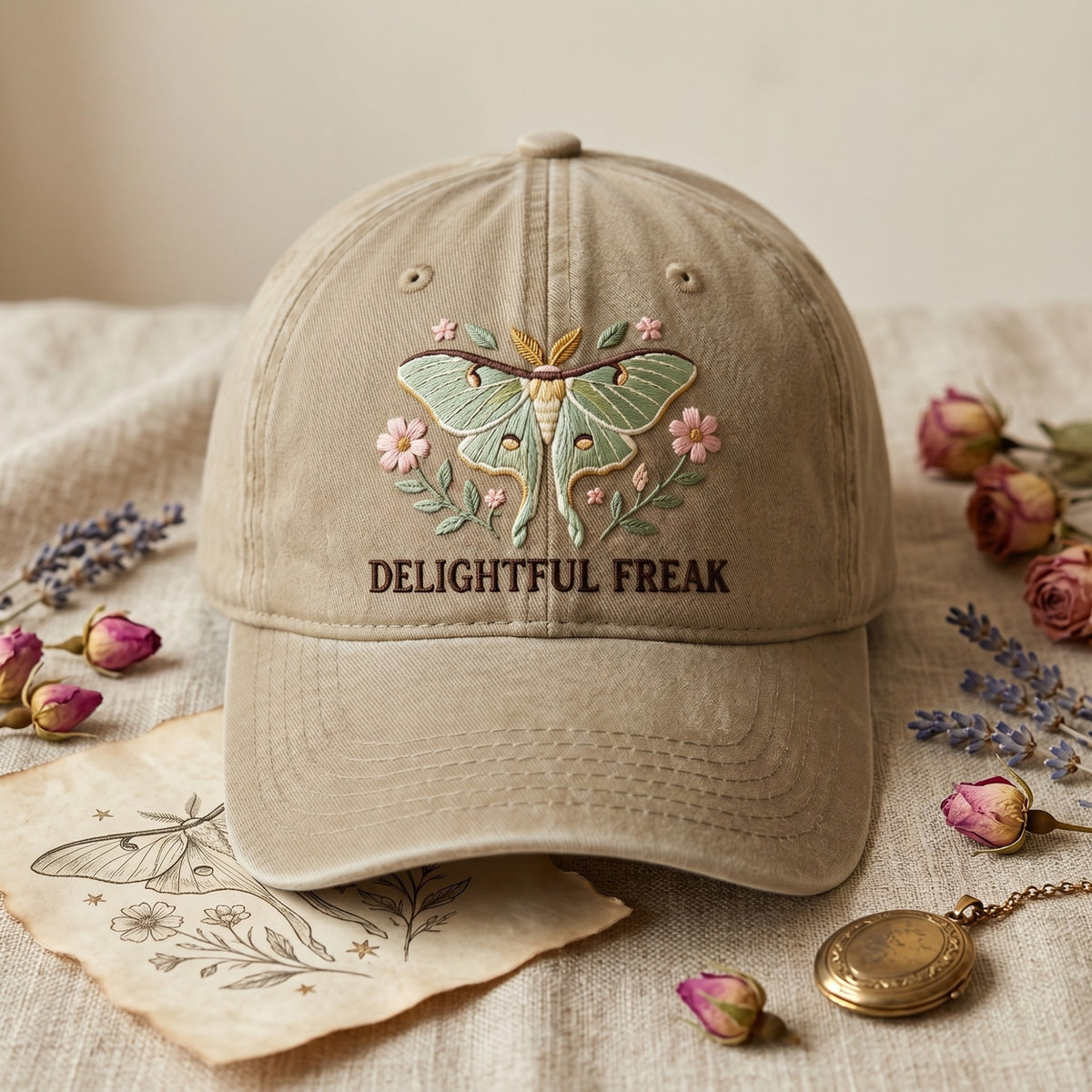 Delightful Freak Luna Moth Floral Embroidered Hat — Washed Hat