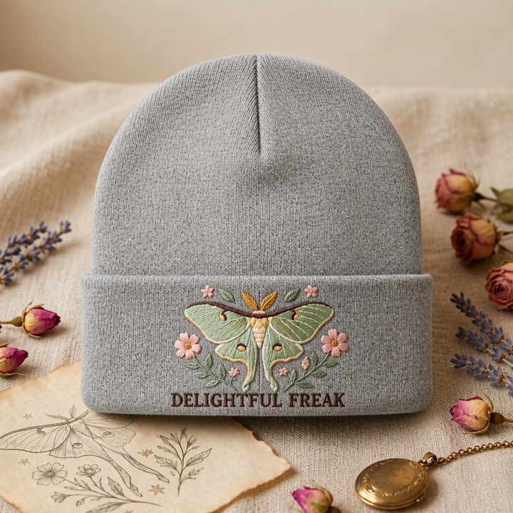 Delightful Freak Luna Moth Floral Embroidered Beanie