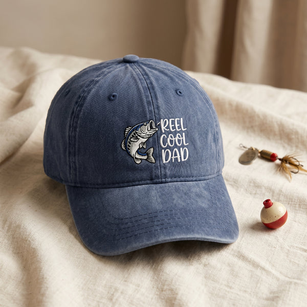 Reel Cool Dad Bass Fish Fishing Embroidered Hat — Washed Hat