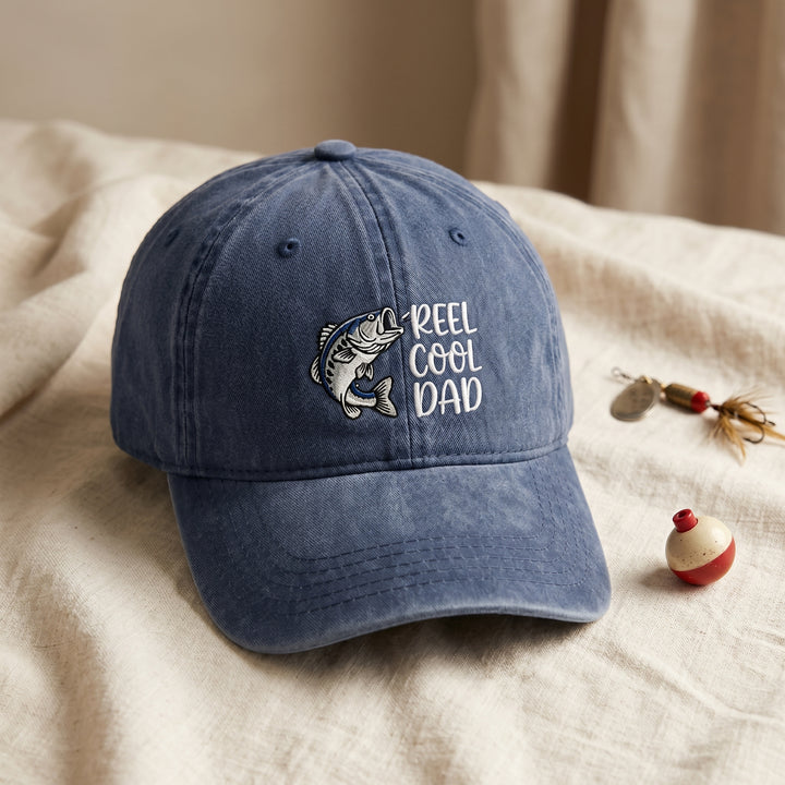 Reel Cool Dad Bass Fish Fishing Embroidered Hat — Washed Hat