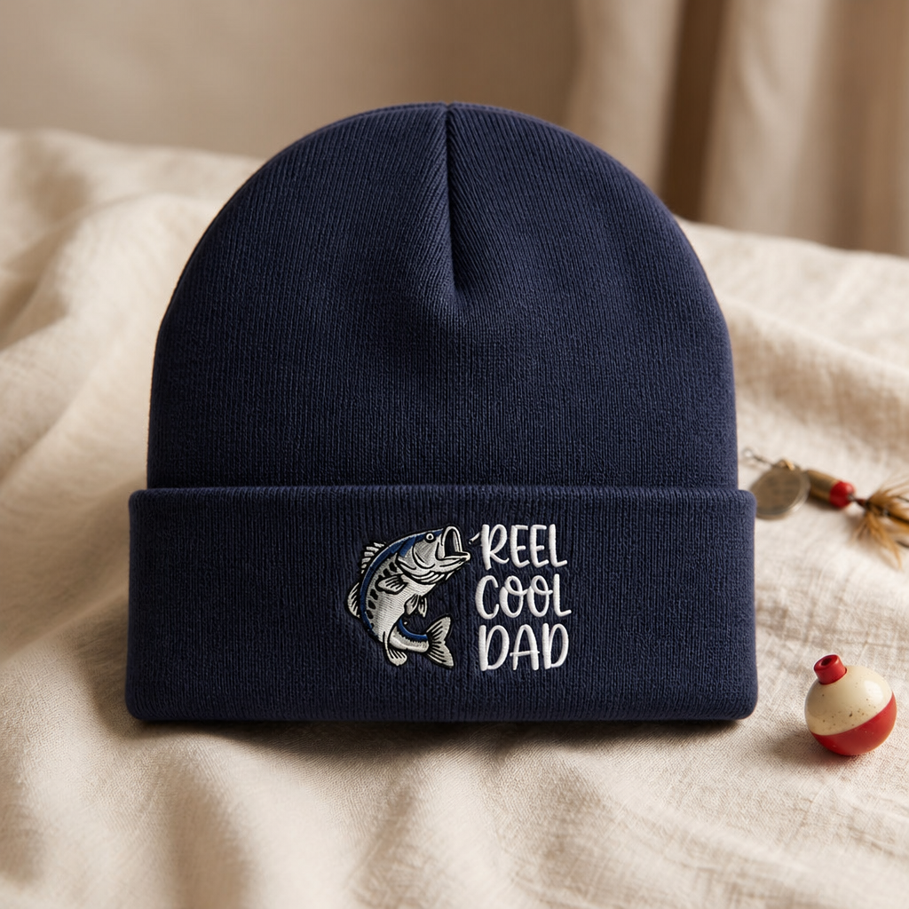 Reel Cool Dad Bass Fish Fishing Embroidered Beanie