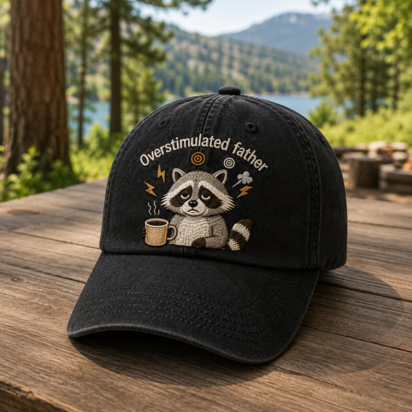 Overstimulated Father Grumpy Raccoon Coffee Embroidered Hat — Washed Hat