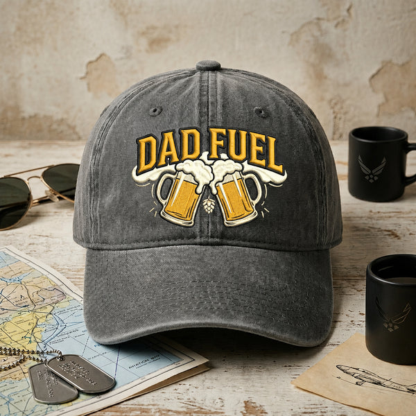 Dad Fuel Beer Mugs Cheers Funny Father Embroidered Hat — Washed Hat