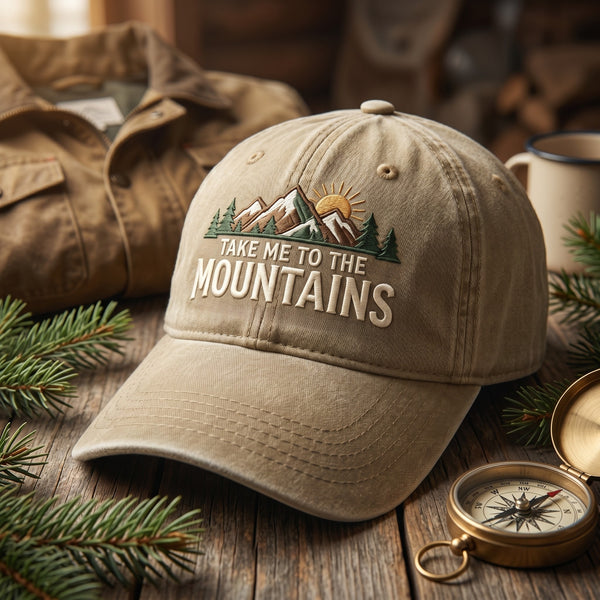 Take Me To The Mountains Pine Trees Sunrise Outdoor Embroidered Hat — Washed Hat