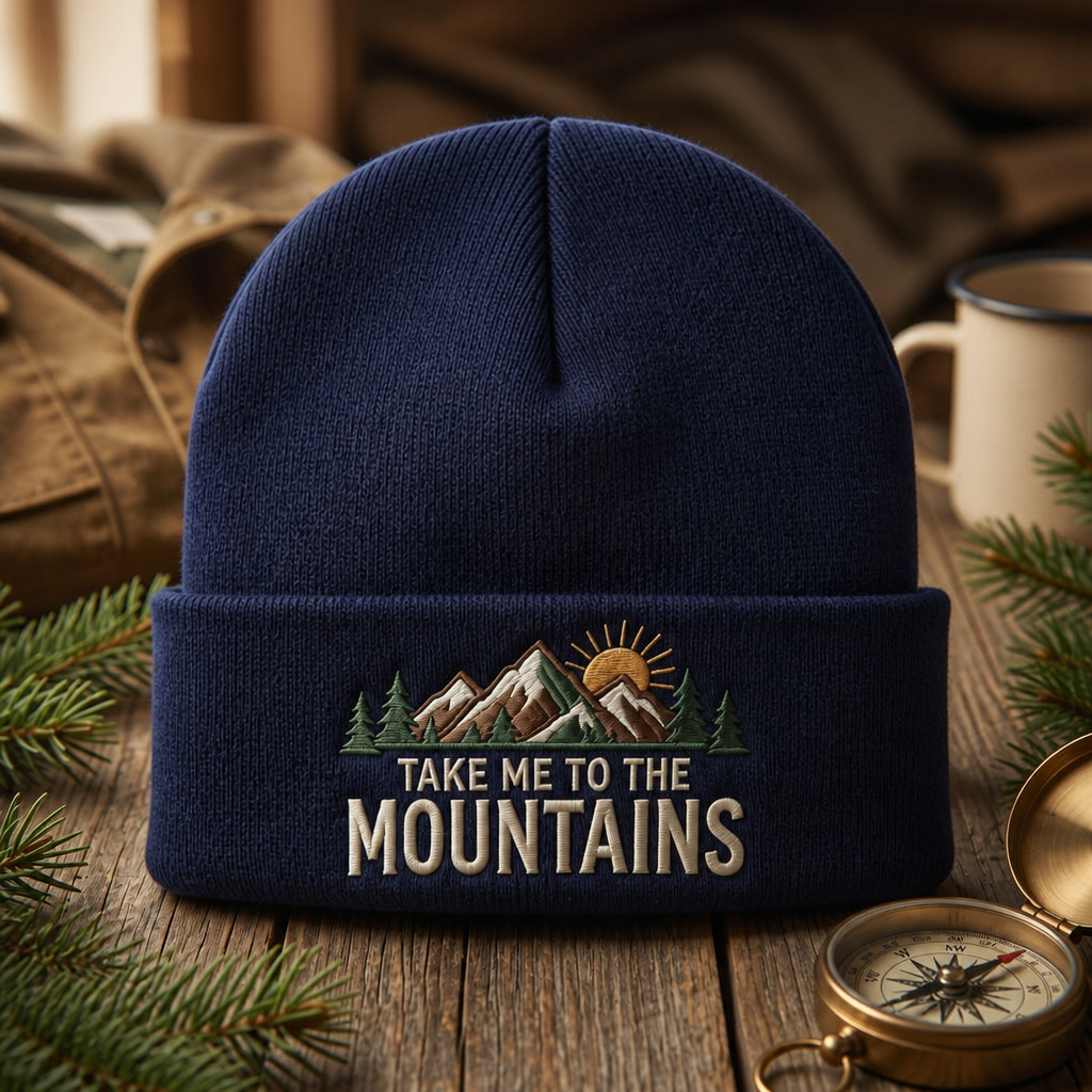 Take Me To The Mountains Pine Trees Sunrise Outdoor Embroidered Beanie