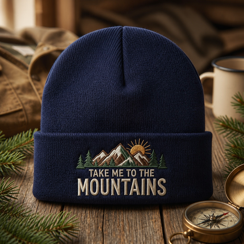 Take Me To The Mountains Pine Trees Sunrise Outdoor Embroidered Beanie