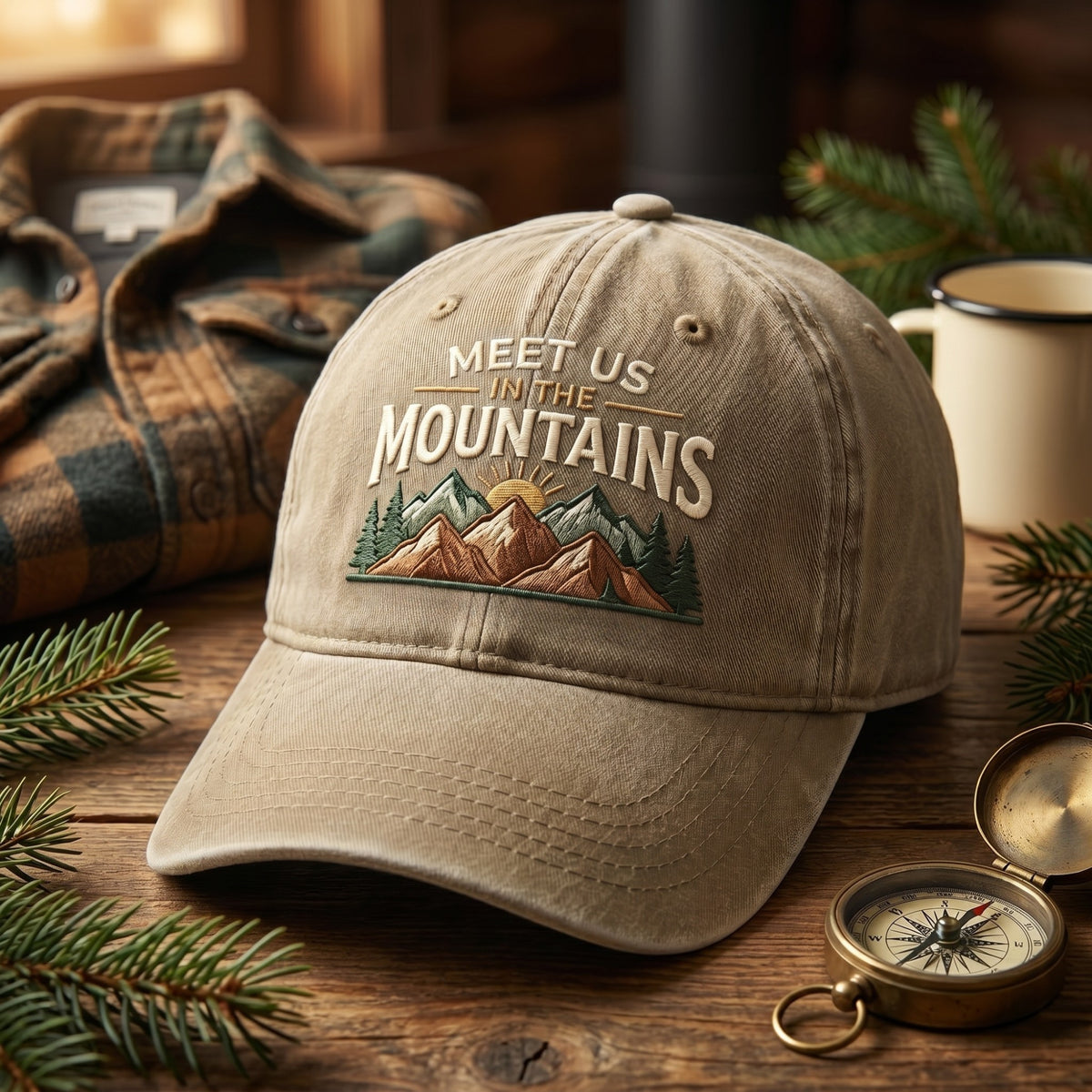 Meet Us In The Mountains Pine Trees Sunrise Outdoor Embroidered Hat — Washed Hat