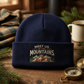 Meet Us In The Mountains Pine Trees Sunrise Outdoor Embroidered Beanie