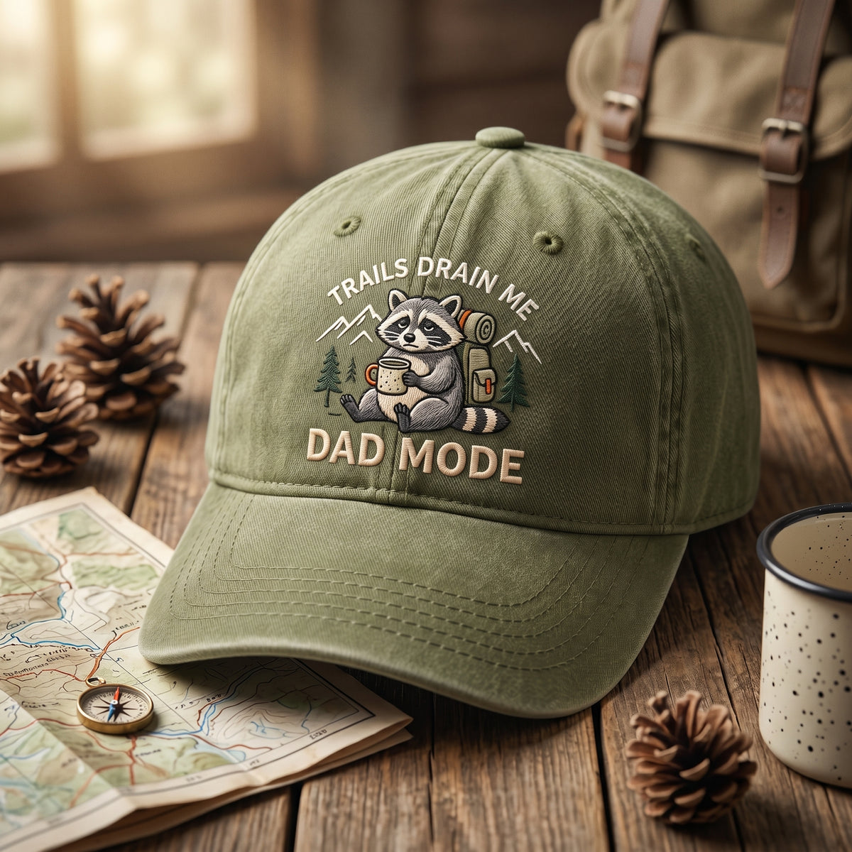 Trails Drain Me Dad Mode Hiking Raccoon Embroidered Hat — Washed Hat