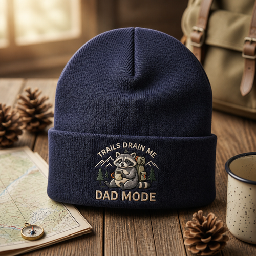 Trails Drain Me Dad Mode Hiking Raccoon Embroidered Beanie