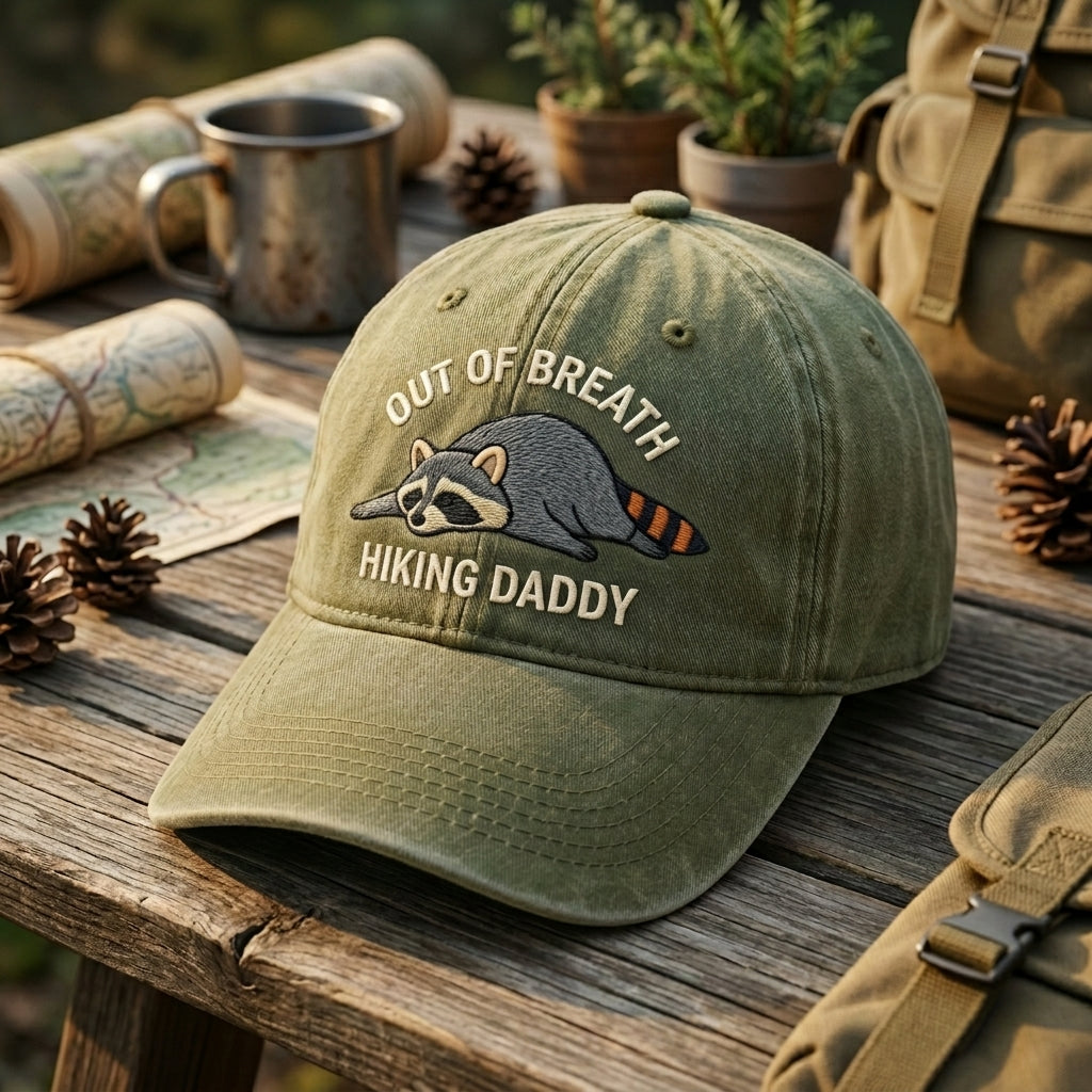 Out Of Breath Hiking Daddy Tired Raccoon Embroidered Hat — Washed Hat