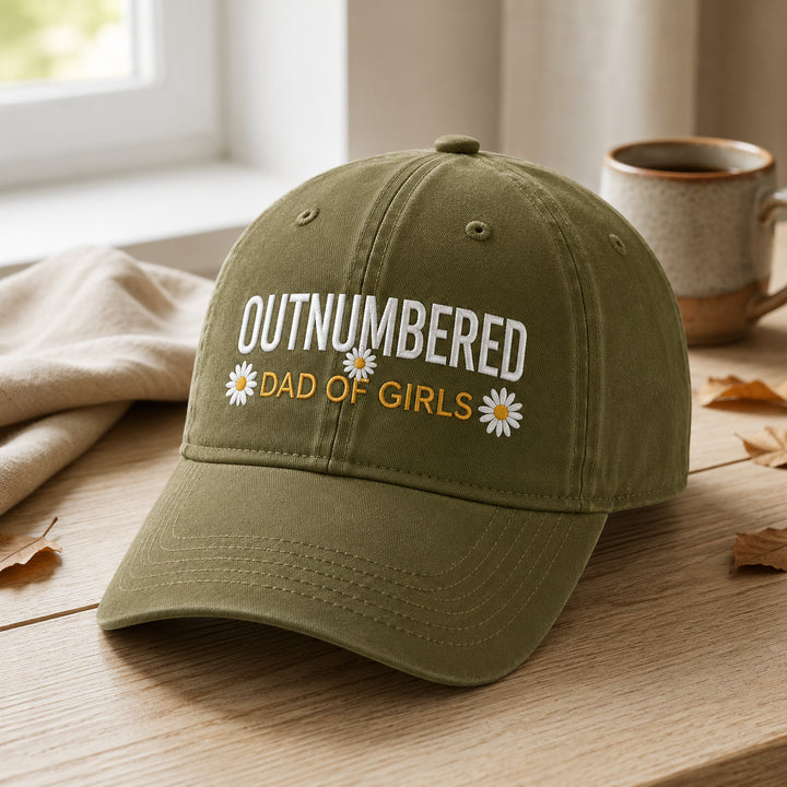 Outnumbered Dad of Girls Daisy Flower Embroidered Hat — Washed Hat