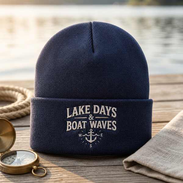 Lake Days & Boat Waves Anchor Compass Nautical Embroidered Beanie