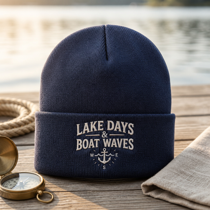Lake Days & Boat Waves Anchor Compass Nautical Embroidered Beanie