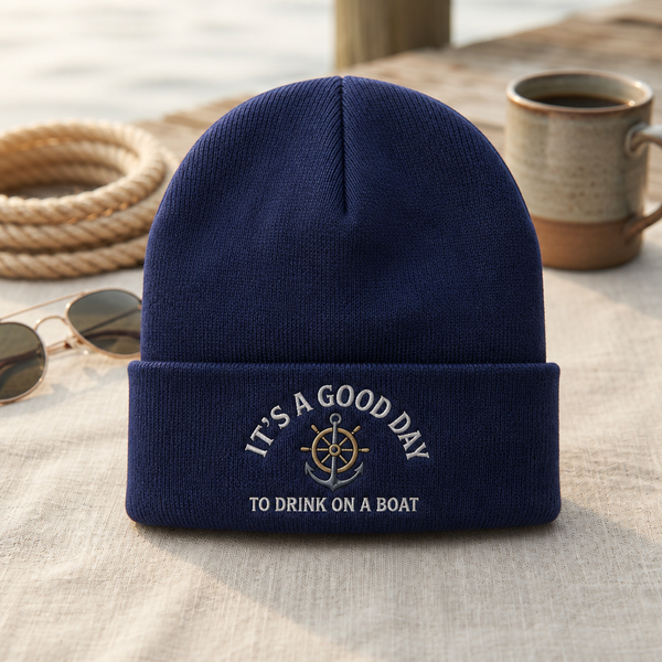 It's A Good Day To Drink On A Boat Anchor Ship Wheel Nautical Embroidered Beanie