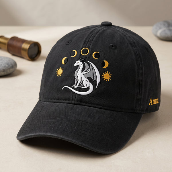 Personalized Dragon Moon Phases Sun Celestial Fantasy Embroidered Hat — Washed Hat