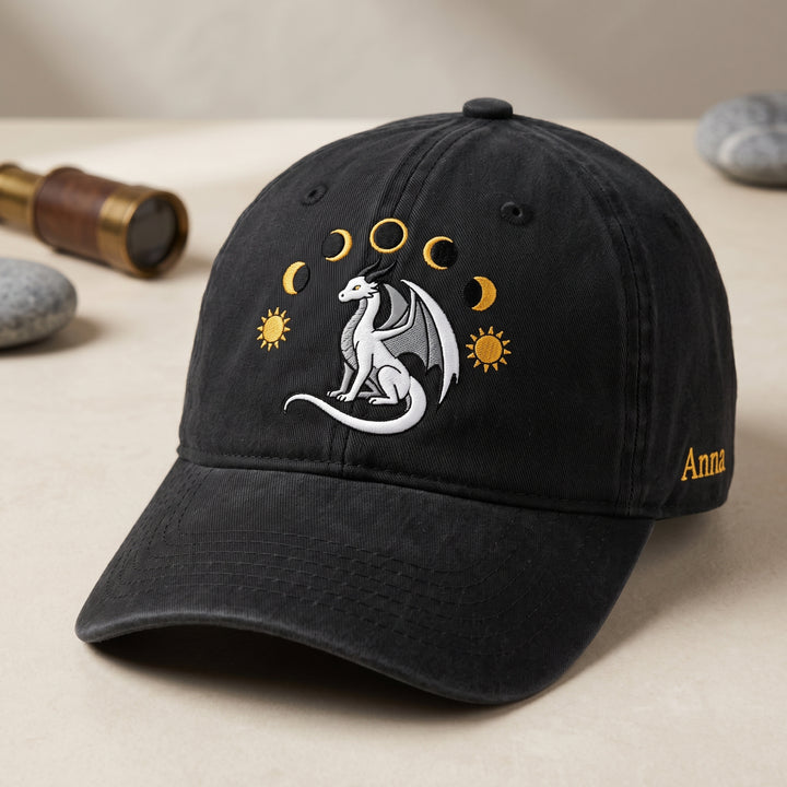 Personalized Dragon Moon Phases Sun Celestial Fantasy Embroidered Hat — Washed Hat