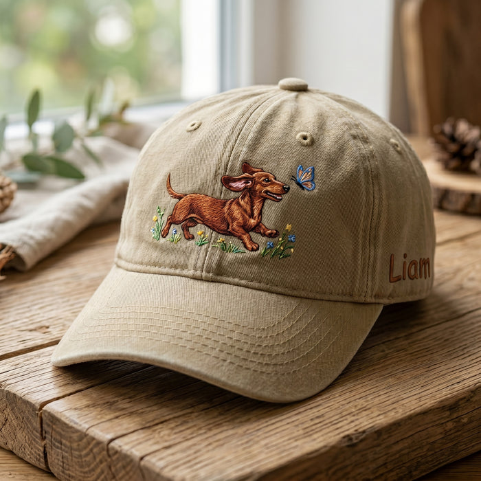 Personalized Floral Dachshund Butterfly Wildflower Custom Name Embroidered Hat