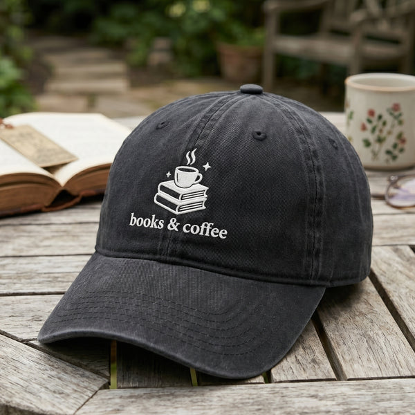 Books and Coffee Stack Reading Lover Embroidered Hat — Washed Hat