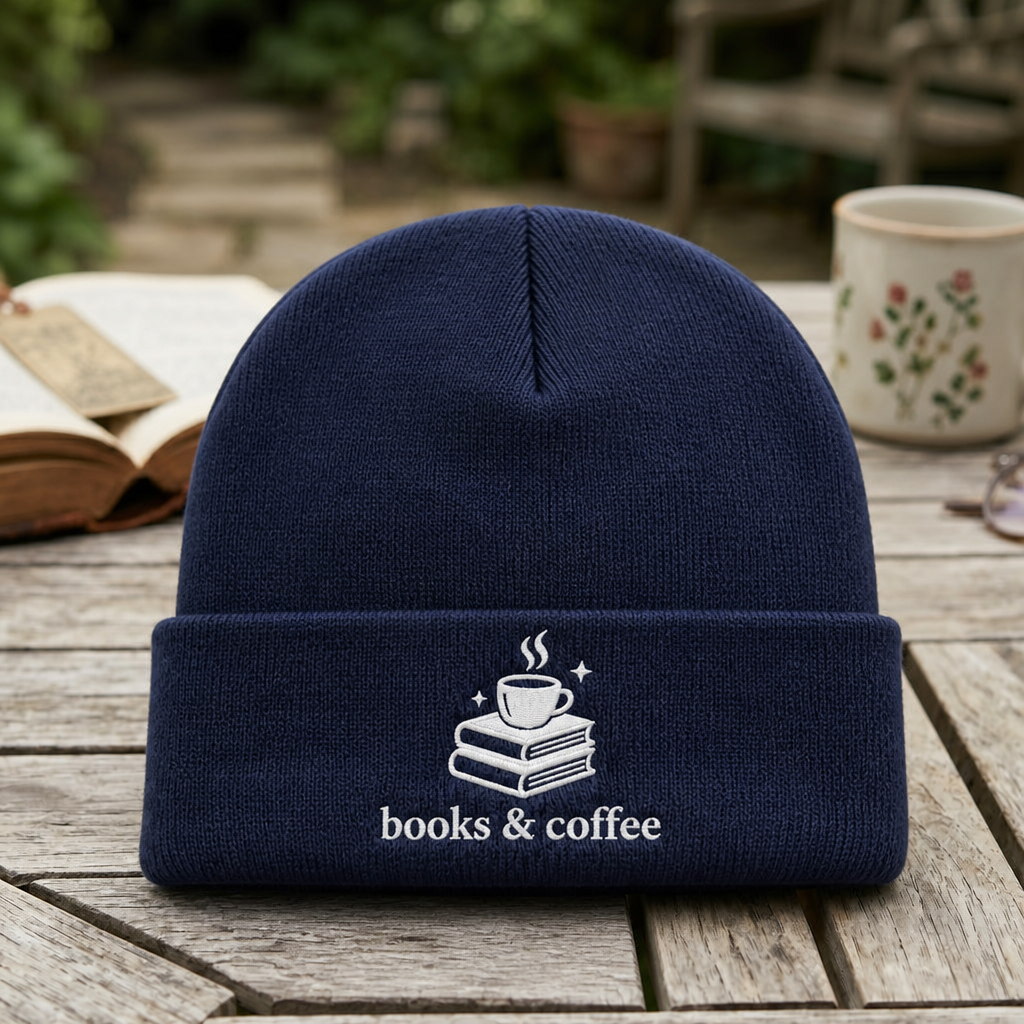 Books and Coffee Stack Reading Lover Embroidered Beanie
