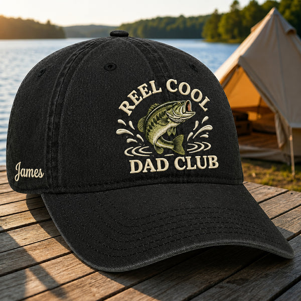 Personalized Reel Cool Dad Club Bass Fishing Embroidered Hat — Washed Hat