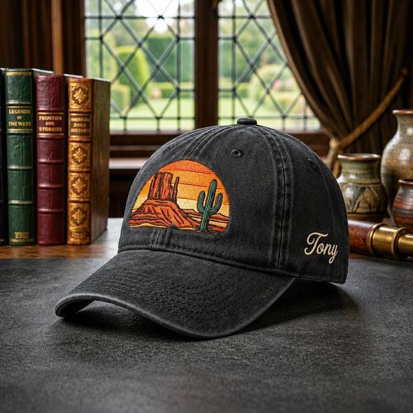 Personalized Desert Southwest Sunset Mesa Cactus Embroidered Hat — Washed Hat