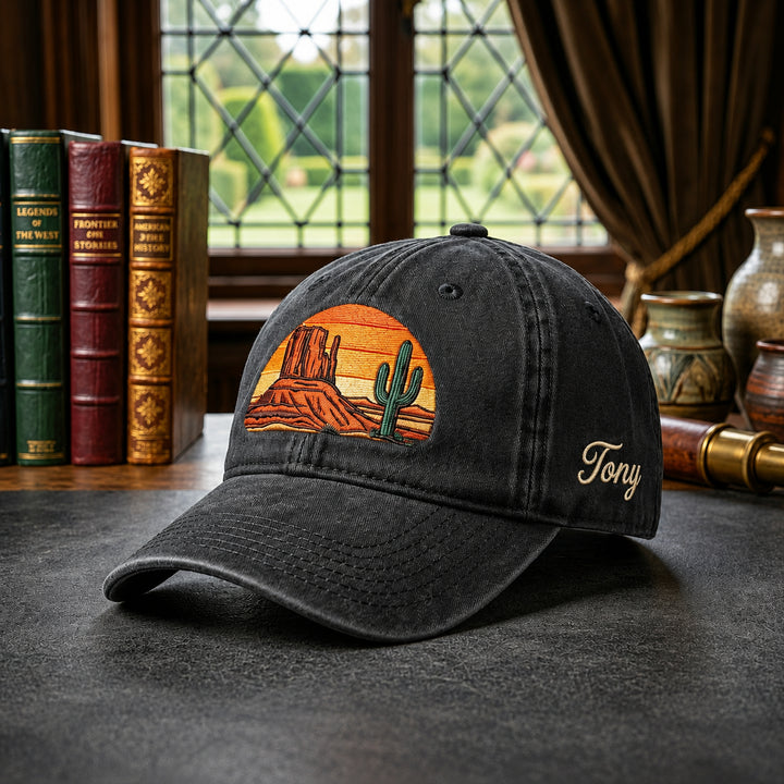 Personalized Desert Southwest Sunset Mesa Cactus Embroidered Hat — Washed Hat