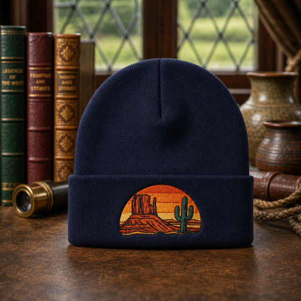 Personalized Desert Southwest Sunset Mesa Cactus Embroidered Beanie