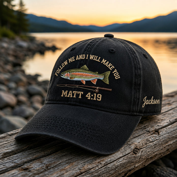 Personalized Faith Fishing Follow Me Matthew 4:19 Rainbow Trout Embroidered Hat — Washed Hat
