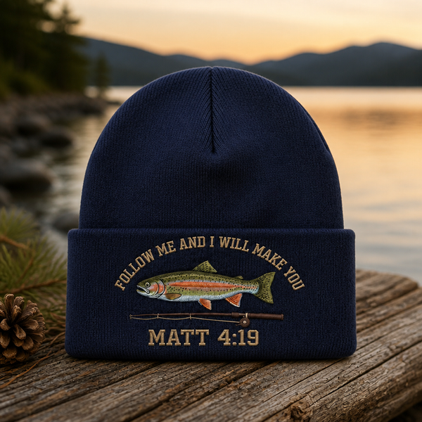 Personalized Faith Fishing Follow Me Matthew 4:19 Rainbow Trout Embroidered Beanie