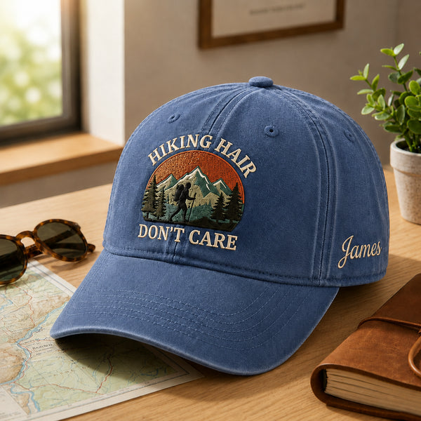 Personalized Hiking Hair Don't Care Mountain Hiker Sunset Embroidered Hat — Washed Hat