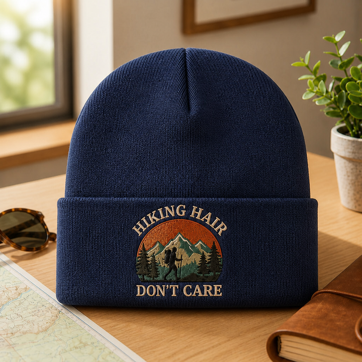 Personalized Hiking Hair Don't Care Mountain Hiker Sunset Embroidered Beanie