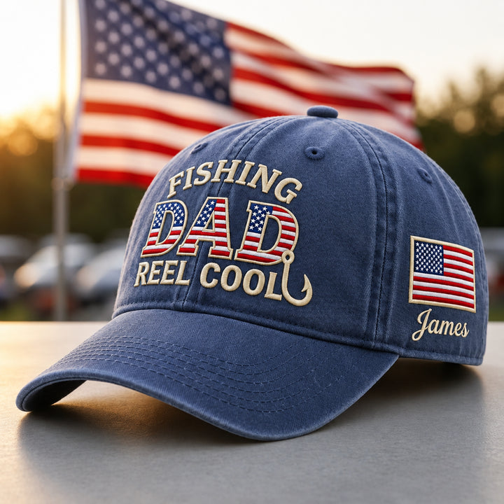 Personalized Fishing Dad Reel Cool American Flag Hook Embroidered Hat — Washed Hat