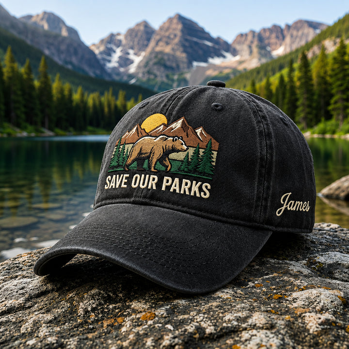 Personalized Save Our Parks Bear Mountain Nature Embroidered Hat — Washed Hat