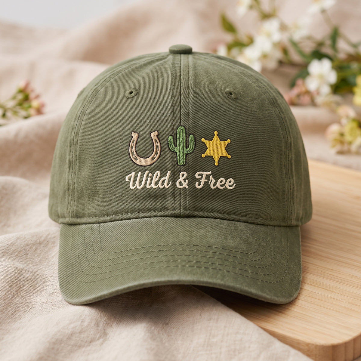 Wild & Free Horseshoe Cactus Sheriff Star Western Cowboy Embroidered Hat — Washed Hat