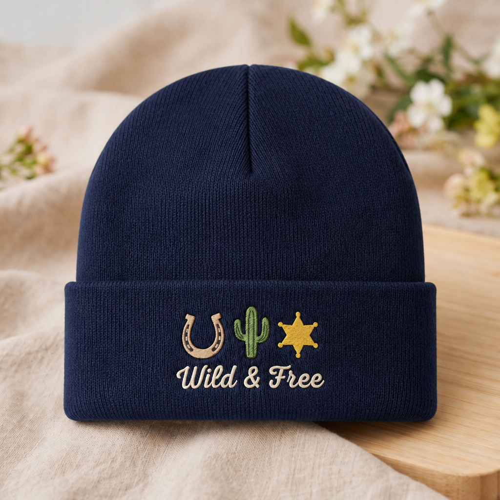 Wild & Free Horseshoe Cactus Sheriff Star Western Cowboy Embroidered Beanie